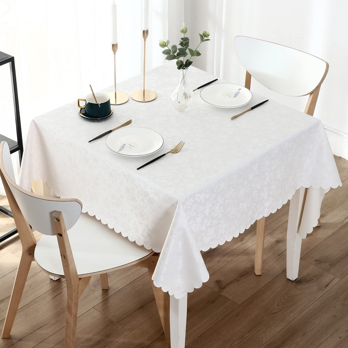 Smiry Rectangle Waterproof Heavy Duty Vinyl Tablecloths, 60 x 84 Inch | Wipeable Washable Floral Embossed Table Cover for Kitchen and Dining Room, Indoor & Outdoor Use, Beige