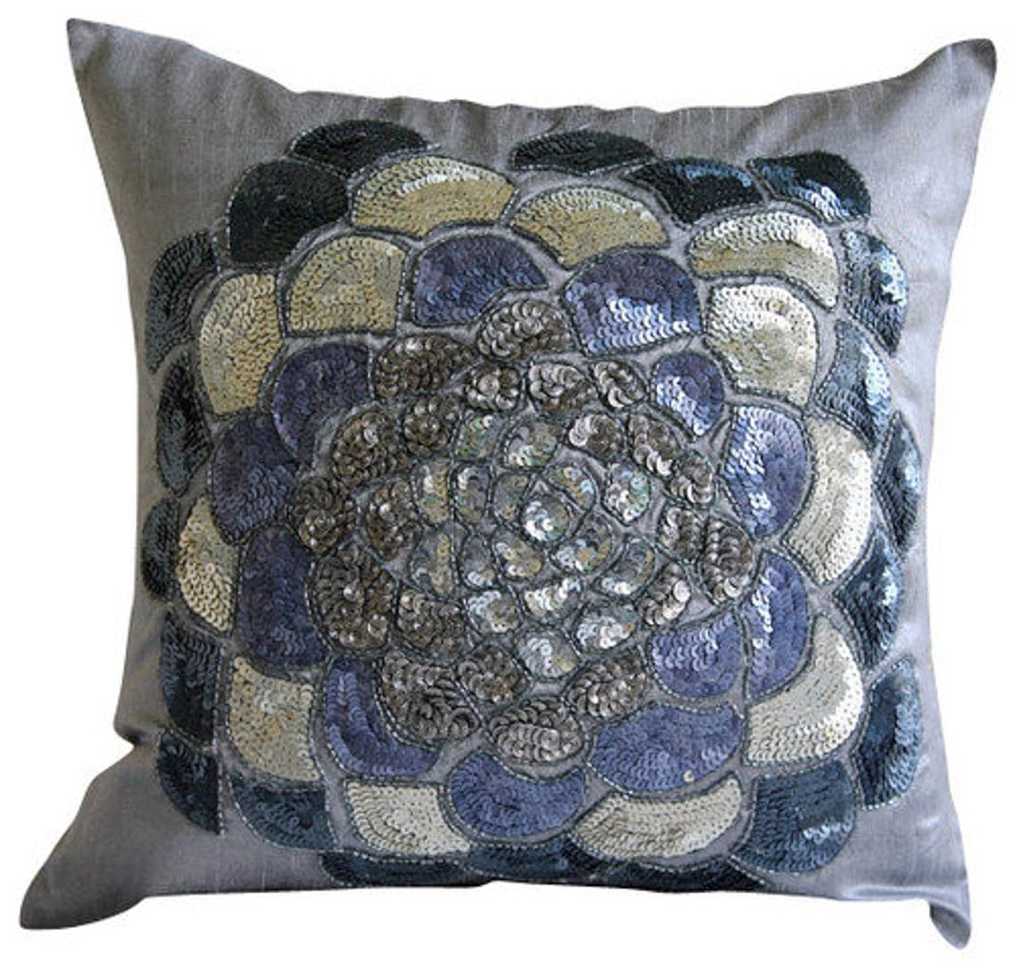 HomeCentric Silver Faux Leather Pearl Leaves Pillow, 24x24 inch, Silk, Contemporary Floral - Silver Beauty