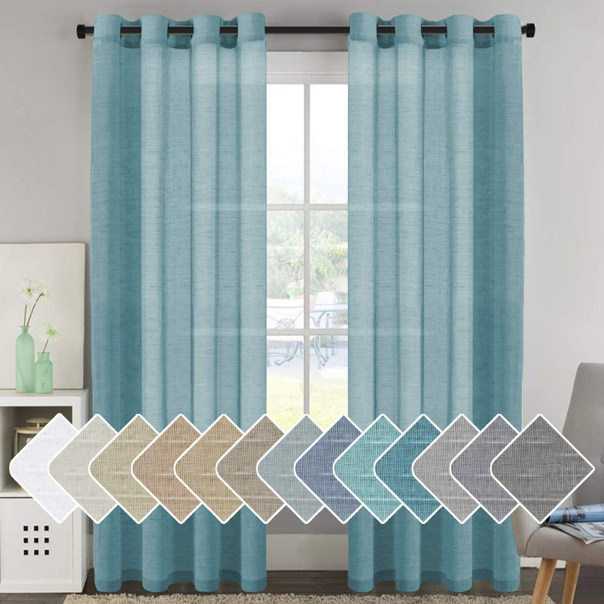 H.VERSAILTEX Natural Linen Sheer Curtains Flax Linen Blended Curtain Panels Living Room, Nickel Grommet Semitransparent Semi-Sheer Soft Privacy Drapes, Natural, 84 inches Long 2 Panels