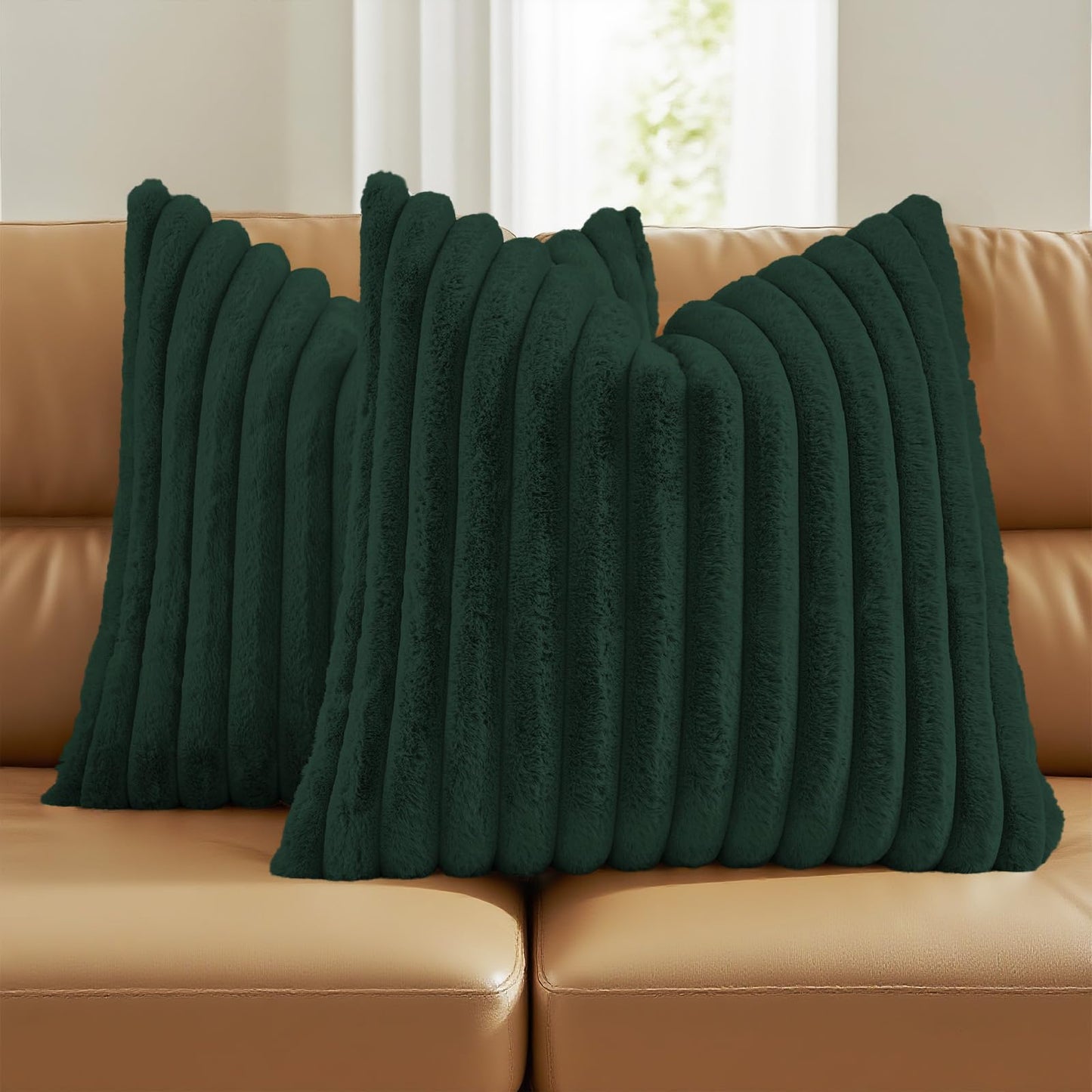 FUTEI Pack of 2 Faux Fur Throw Pillow Covers 18x18 Inch, Cream White | Fluffy Faux Rabbit Fur Front/Premium Velvet Back,Hidden Zipper,Machine Washable,Non-Shedding,Colorfast,Insert Not Included.