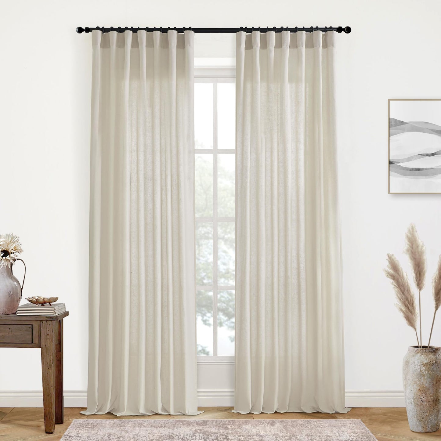 Linen Cotton Curtains for Living Room, Cream Off White Natural Fabric Light Filtering Semi Sheer Curtains 84 Inches Long, Ivory Pleated Farmhouse Curtain Drapes 84 Inch Length 2 Panels Set Dining Room