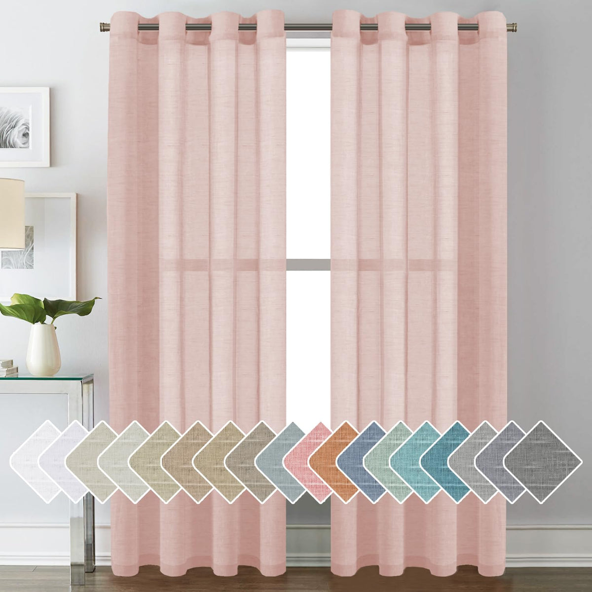 H.VERSAILTEX Natural Linen Sheer Curtains Flax Linen Blended Curtain Panels Living Room, Nickel Grommet Semitransparent Semi-Sheer Soft Privacy Drapes, Natural, 84 inches Long 2 Panels