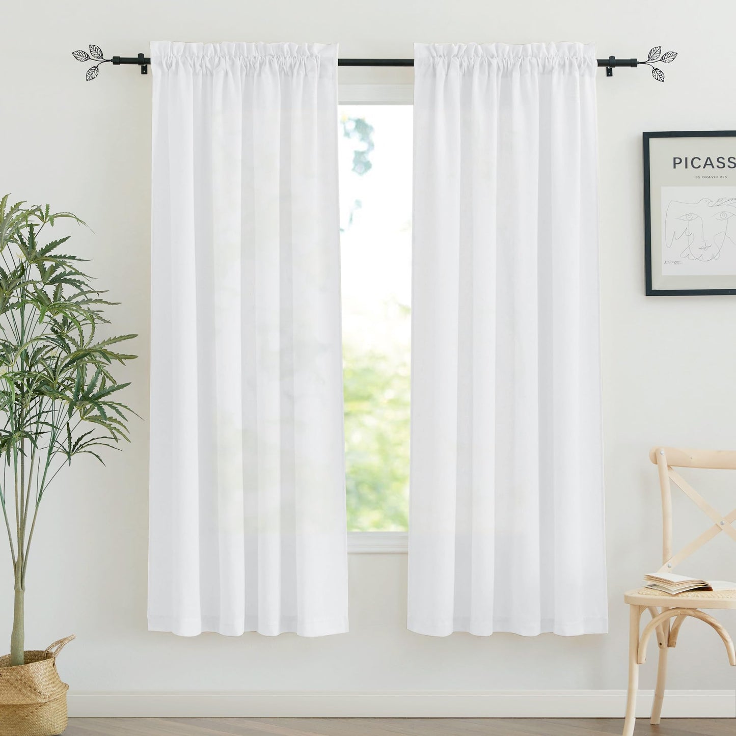 RYB HOME White Semi Sheer Curtains 84 inches Long for Living Room | Half Privacy, Linen Textured, Sheer Light Filtering, Vertical Window Drapes, for Bedroom Dining, White, W52 x L84, 2 Panels