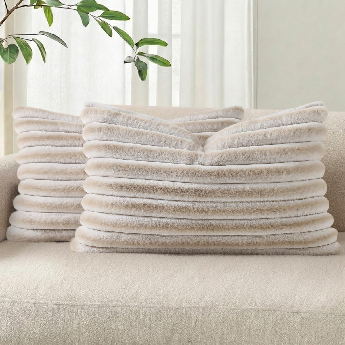 Pallene Faux Fur Decorative Throw Pillow Covers 18x18 Set of 2, Cream White | Luxury Plush Texture, Striped Design, Cozy Soft Touch, Modern Home Accent Decor for Couch, Sofa, Bed, Living Room