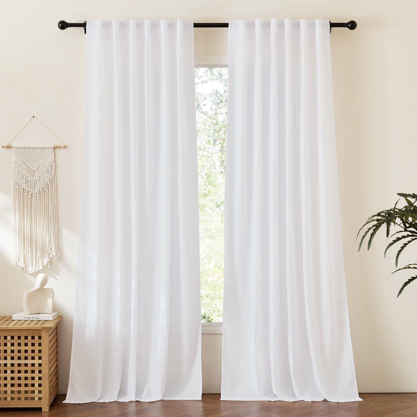 RYB HOME White Sheer Curtains for Living Room Patio Glass Door, W52 x L95 | Linen Texture, Light Filtering Privacy, Airy Translucent, Back Tab, Bedroom Office Balcony, W52 x L95, 2 Panels