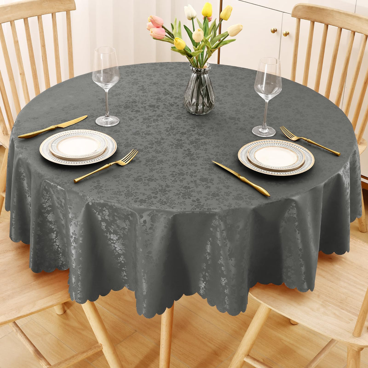 Smiry Rectangle Waterproof Heavy Duty Vinyl Tablecloths, 60 x 84 Inch | Wipeable Washable Floral Embossed Table Cover for Kitchen and Dining Room, Indoor & Outdoor Use, Beige