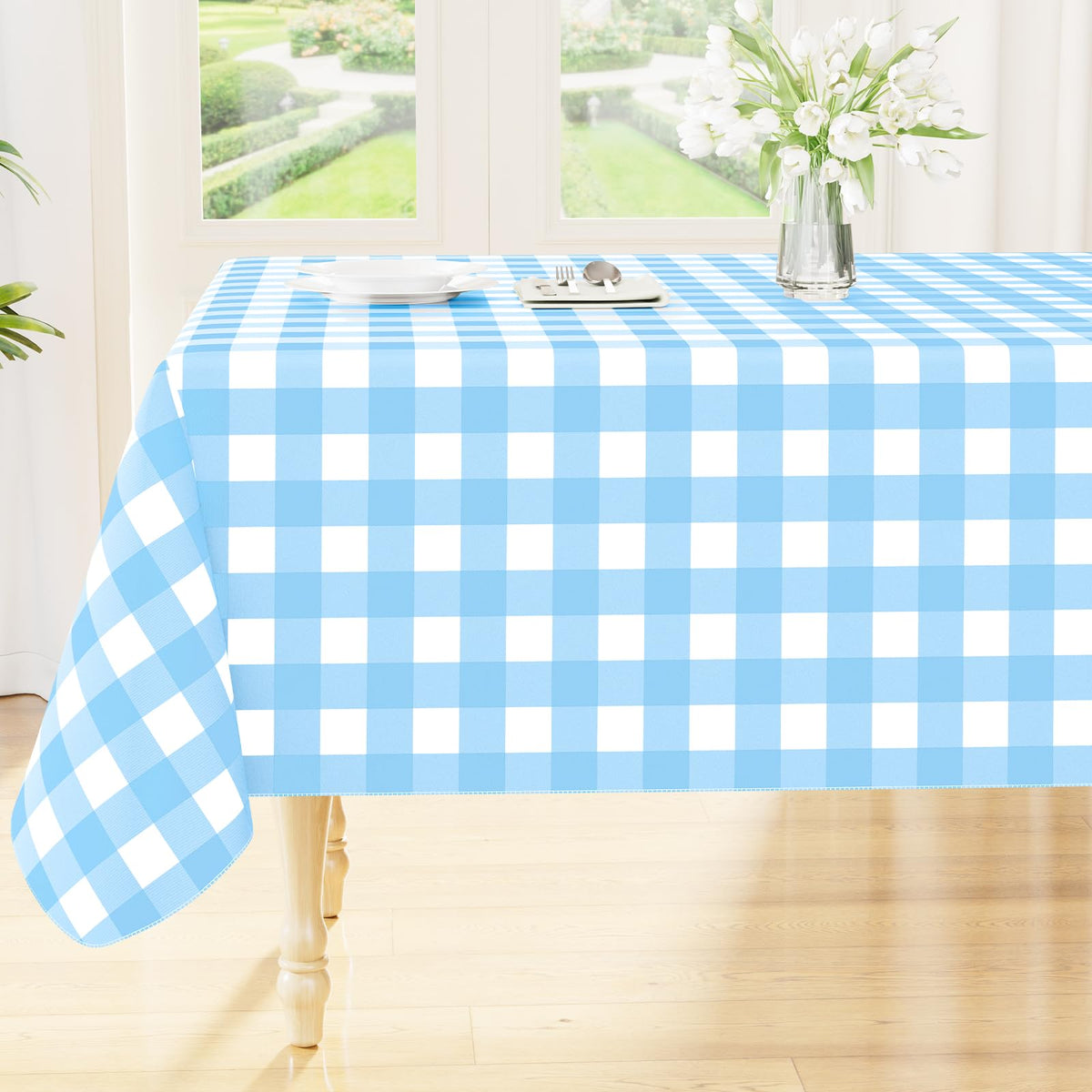 Smiry Picnic Table Cloth, Vinyl Tablecloths with Flannel Backing, 60"x84" | Waterproof Rectangle Table Cloth, Wipeable Buffalo Plaid Table Cover for Indoor and Outdoor (Khaki & White)