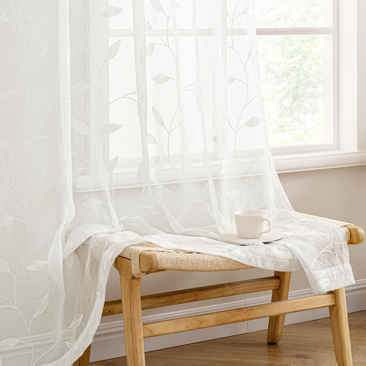 MIULEE Sage Green Sheer Curtains 2 Panels Leaf Patterned, W52 x L84 | Embroidered Floral Semi Sheer,Rod Pocket,Faux Linen,Short Window Curtains Drapes Set for Kitchen/Bathroom/Cafe