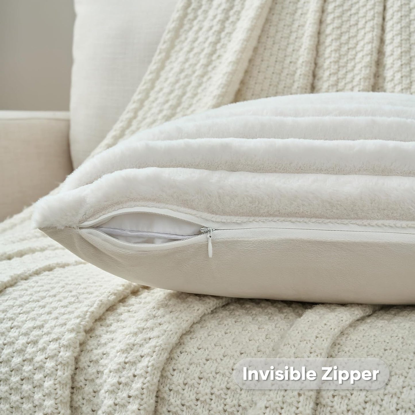 FUTEI Pack of 2 Faux Fur Throw Pillow Covers 18x18 Inch, Cream White | Fluffy Faux Rabbit Fur Front/Premium Velvet Back,Hidden Zipper,Machine Washable,Non-Shedding,Colorfast,Insert Not Included.