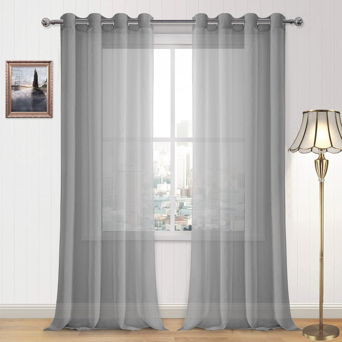 DWCN White Sheer Curtains Linen Look Semi Transparent Voile Grommet White Curtains for Living Dining Room Drapes 52 x 84 Inch Long, Set of 2 Panels
