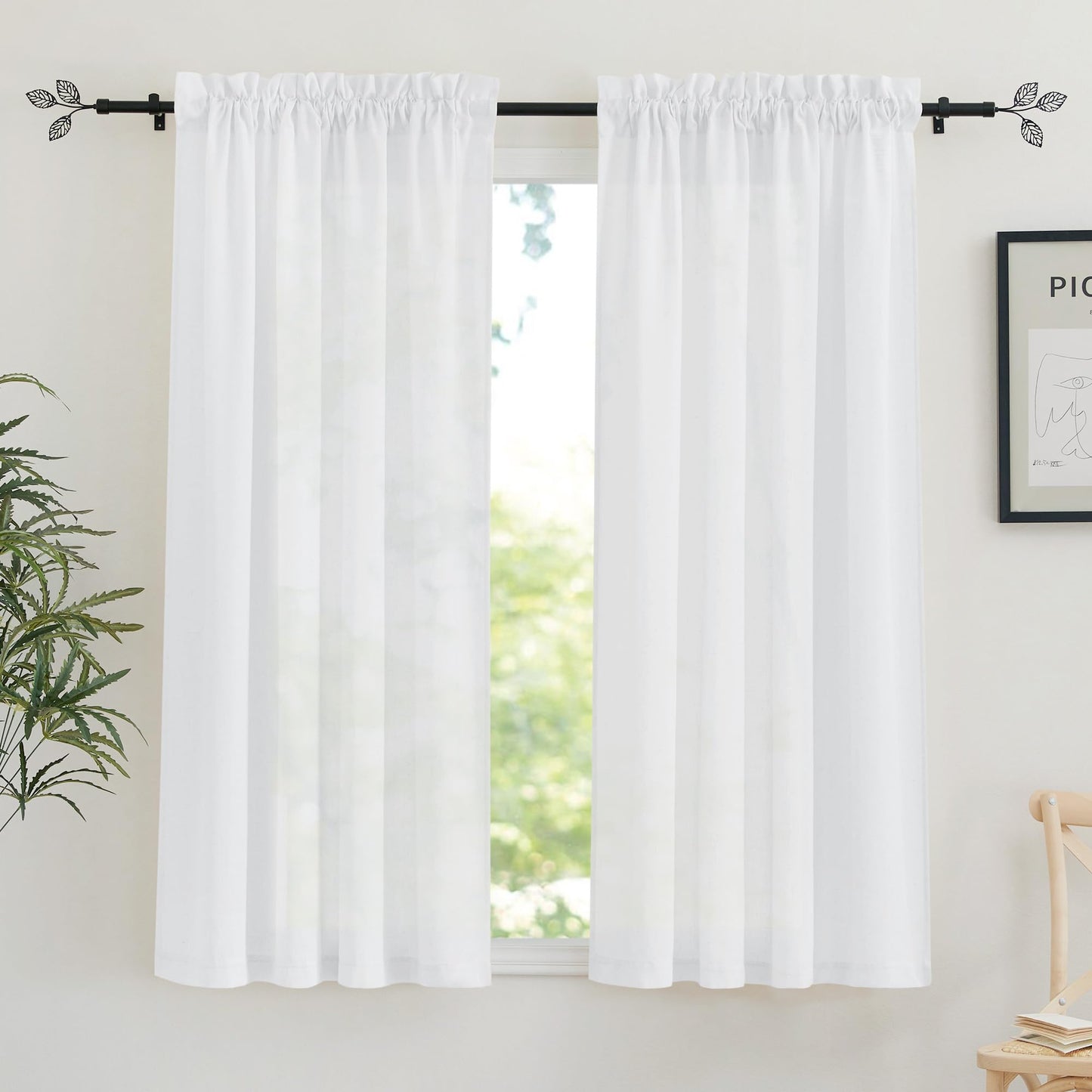 RYB HOME White Semi Sheer Curtains 84 inches Long for Living Room | Half Privacy, Linen Textured, Sheer Light Filtering, Vertical Window Drapes, for Bedroom Dining, White, W52 x L84, 2 Panels