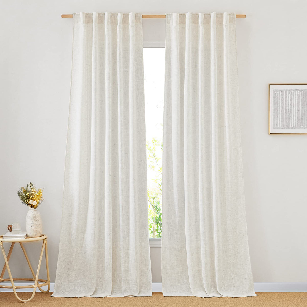NICETOWN Flax Linen Curtains 84 inch Long, Rod Pocket & Back Tab Semi Sheer Vertical Drapes Privacy Added with Light Filtering for Bedroom/Living Room, Burlap, W52 x L84, 2 Pieces