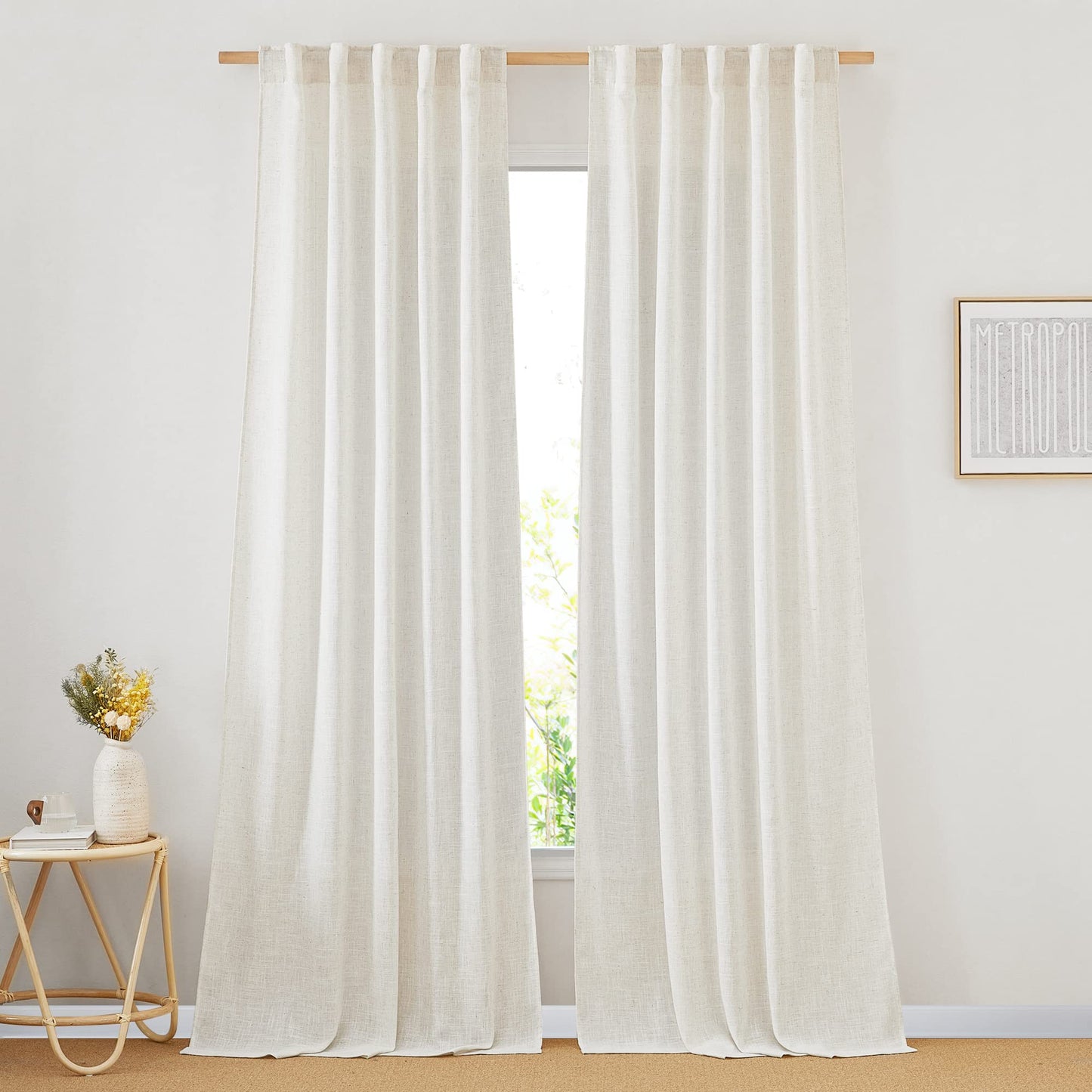 NICETOWN White Linen Sheer Curtains and Drapes 84 inches Long, Rod Pocket & Back Tab semitransparent with Light Through Vertical Window Treatments for Sliding Glass Door & Living Room, 52"W, Set of 2