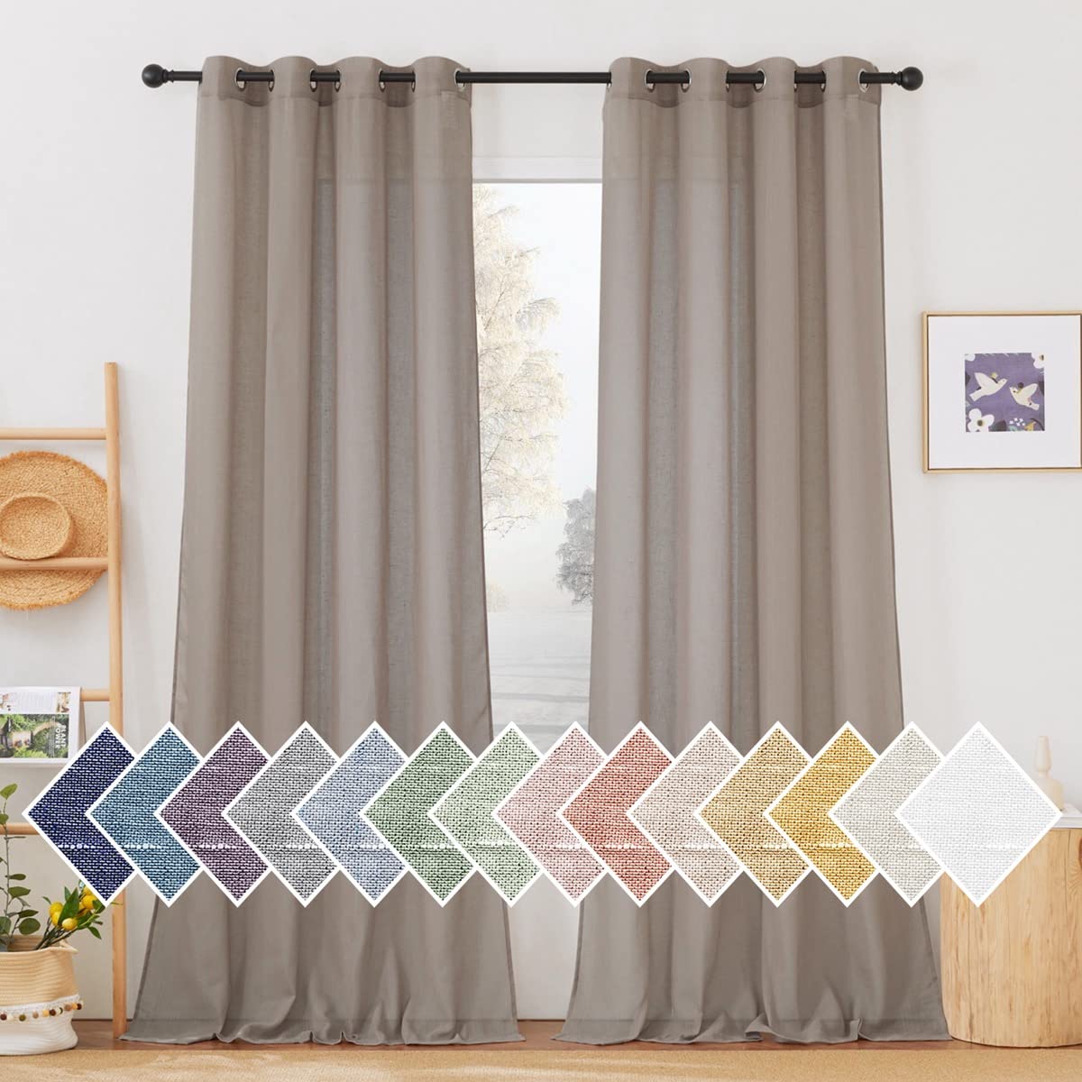 NICETOWN White Sheer Linen Curtains for Living Room 84 inch Length 2 Panels Set, Grommet Semi Sheer Privacy with Light Filtering Flax Window Treatments for Bedroom, W52 x L84