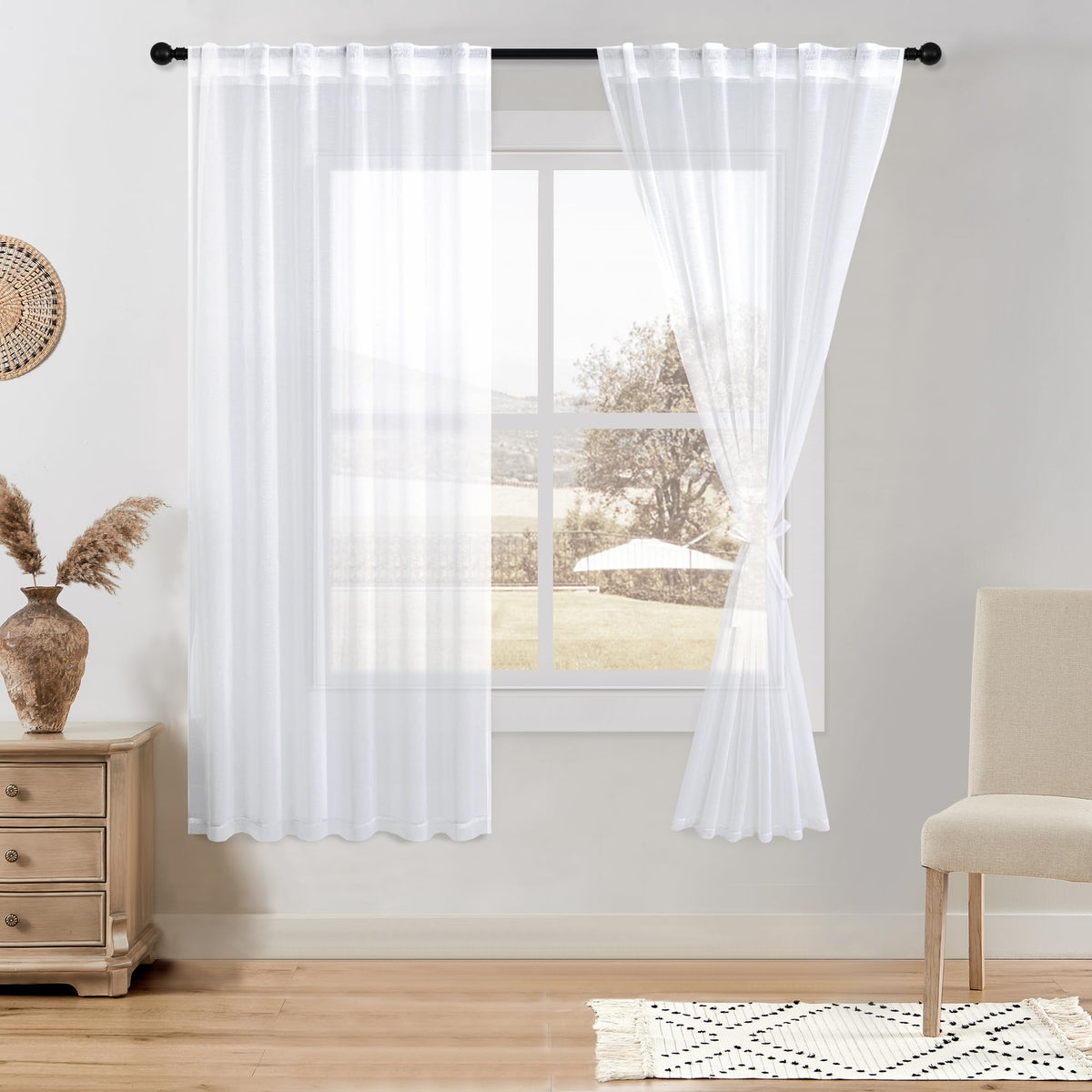 DWCN White Faux Linen Sheer Curtains, 2 Panels, 52x84 Inch | Faux Linen Textured Curtains with Rod Pocket & Back Tab, Semi Voile Light Airy Gauzy Privacy Drapes for Living Room Bedroom