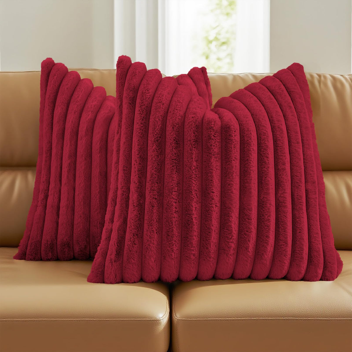 FUTEI Pack of 2 Faux Fur Throw Pillow Covers 18x18 Inch, Cream White | Fluffy Faux Rabbit Fur Front/Premium Velvet Back,Hidden Zipper,Machine Washable,Non-Shedding,Colorfast,Insert Not Included.