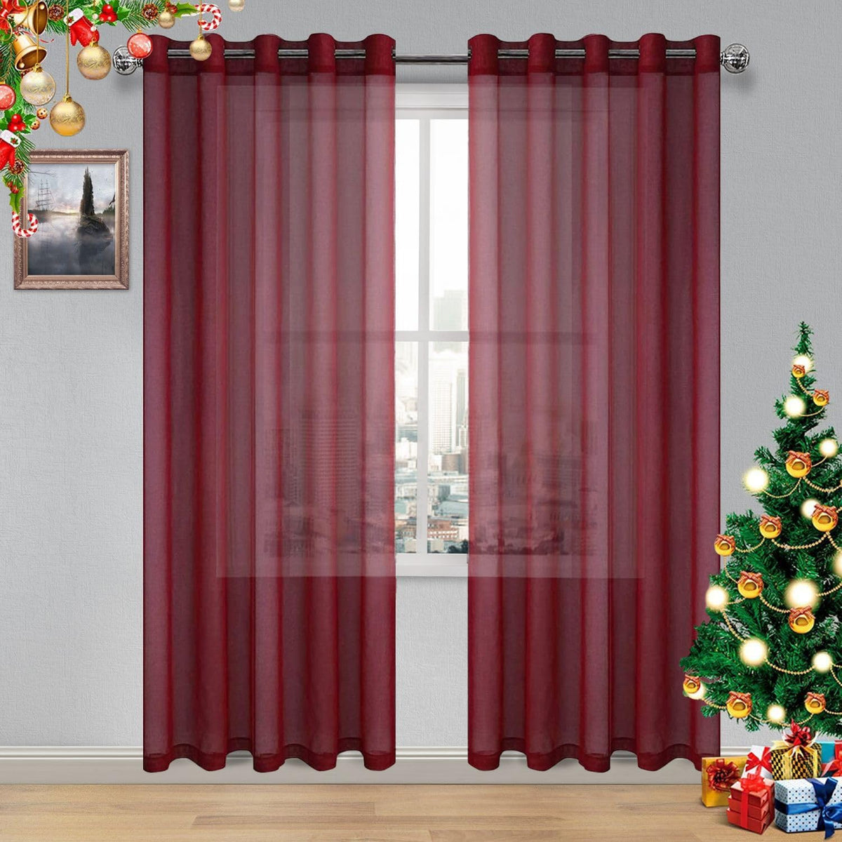 DWCN White Sheer Curtains Linen Look Semi Transparent Voile Grommet White Curtains for Living Dining Room Drapes 52 x 84 Inch Long, Set of 2 Panels