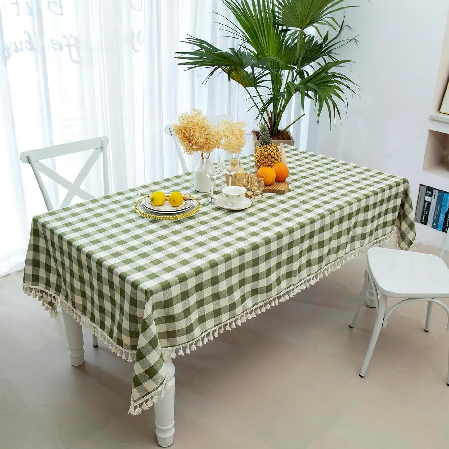 Midsummer Breeze Country Garden Green Gingham Tablecloth Rectangle 55”x84” | tassel, spring, easter, summer, picnic, outdoor, checkered, fresh, camping, Christmas, washable, wrinkle free, reusable