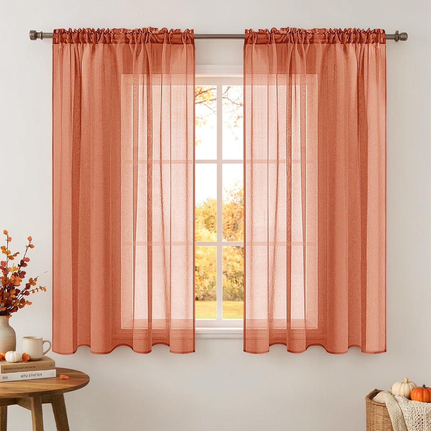 MIULEE Semi White Linen Textured Sheer Curtains 42W×84L Rod Pocket 2 Panels | Semi Transparent, Farmhouse, Window Net Panels with Rod Pocket for Bedroom Living Room