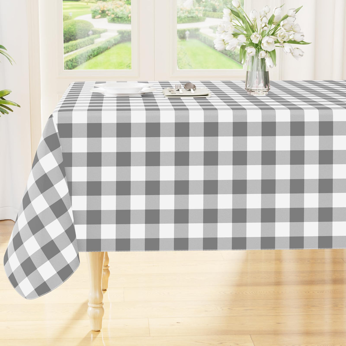 Smiry Picnic Table Cloth, Vinyl Tablecloths with Flannel Backing, 60"x84" | Waterproof Rectangle Table Cloth, Wipeable Buffalo Plaid Table Cover for Indoor and Outdoor (Khaki & White)