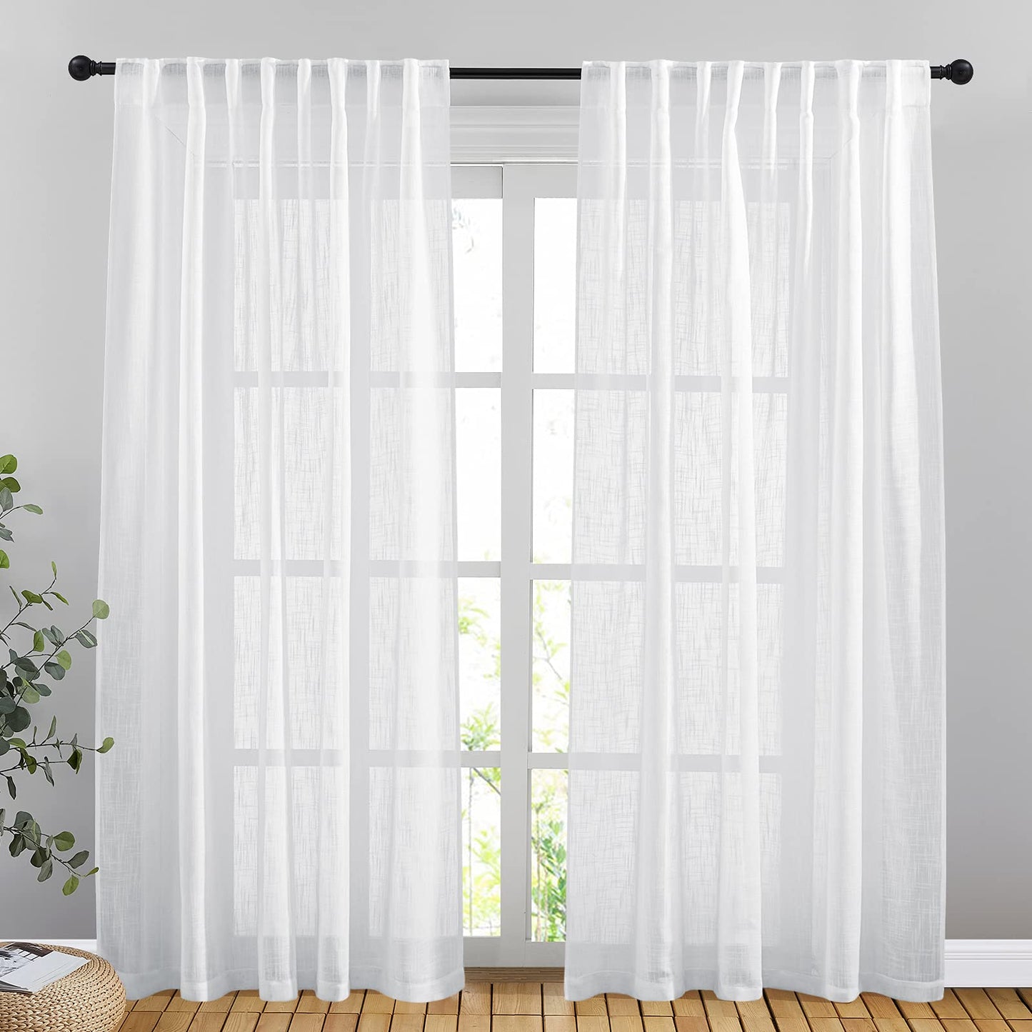 NICETOWN Flax Linen Curtains 84 inch Long, Rod Pocket & Back Tab Semi Sheer Vertical Drapes Privacy Added with Light Filtering for Bedroom/Living Room, Burlap, W52 x L84, 2 Pieces