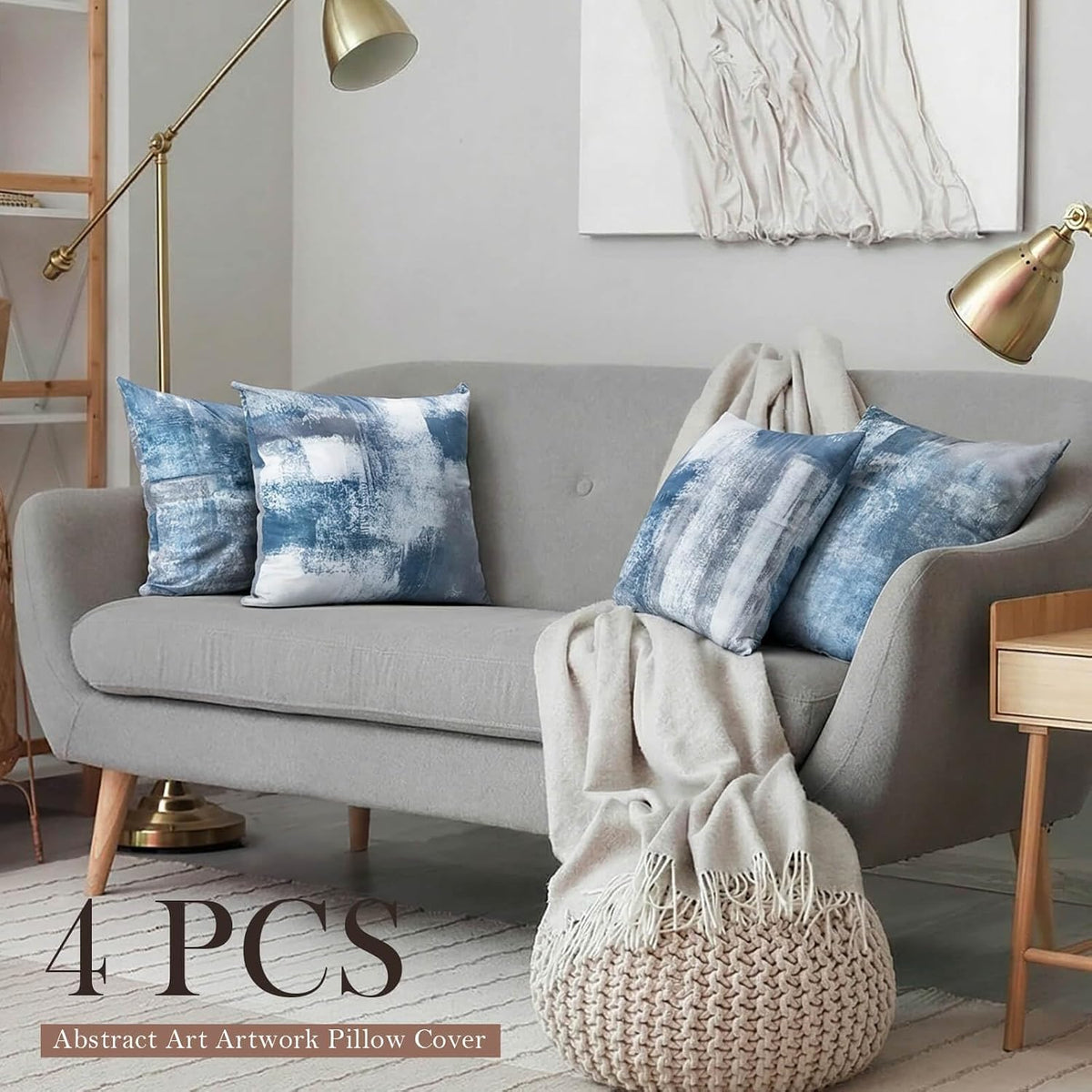 Set of 4 Blue and Grey Abstract Art Artwork Pillow Cover 18 x 18 Inch, Gallery Modern Decorative Throw Pillows Cushion Cover for Bedroom Sofa Living Room | Double-sided vibrant artwork accent cushion covers. Perfect decorative pillows for couch, sofa, bed