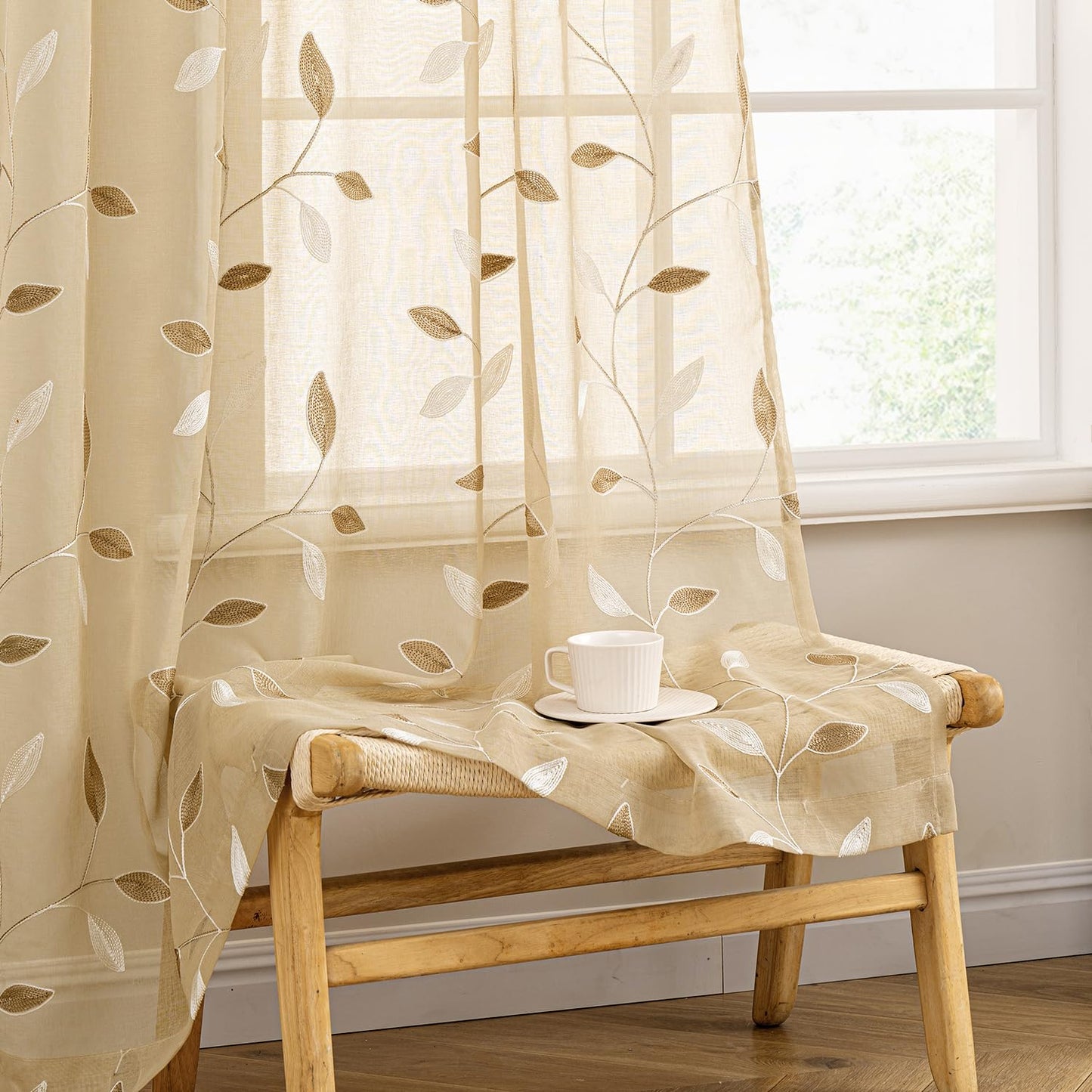 MIULEE Sage Green Sheer Curtains 2 Panels Leaf Patterned, W52 x L84 | Embroidered Floral Semi Sheer,Rod Pocket,Faux Linen,Short Window Curtains Drapes Set for Kitchen/Bathroom/Cafe