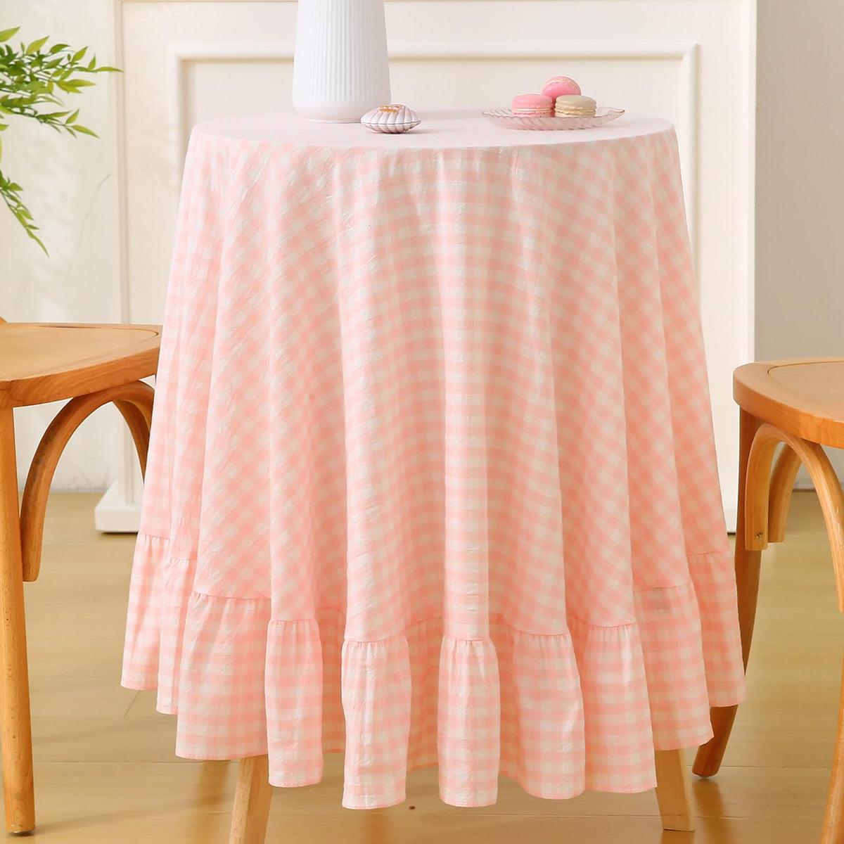 Blush White Gingham Ruffled Table Cloth Rectangular 120“x60” | 100% Washed Cotton, for Seat 8-10, Buffet Picnic Baby Shower Party Tablecloth, Decorative Checker Plaid Farmhouse Table Cover