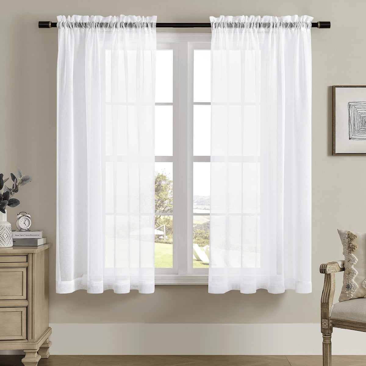 MYSTIC-HOME Sheer Curtains White 63 Inch Length, Rod Pocket Voile Drapes for Living Room, Bedroom, Window Treatments Semi Crinkle Curtain Panels for Yard, Patio, Villa, Parlor, Set of 2, 52"x 63"