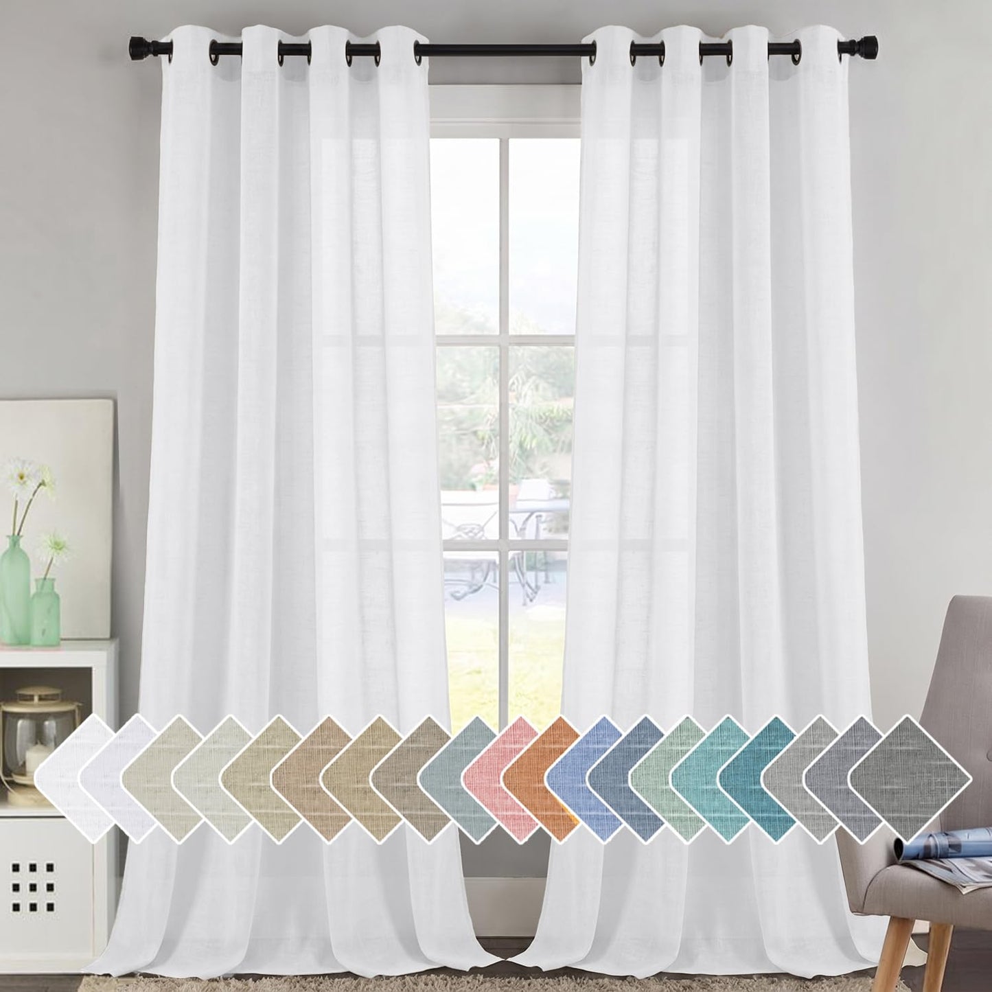 H.VERSAILTEX Natural Linen Sheer Curtains Flax Linen Blended Curtain Panels Living Room, Nickel Grommet Semitransparent Semi-Sheer Soft Privacy Drapes, Natural, 84 inches Long 2 Panels