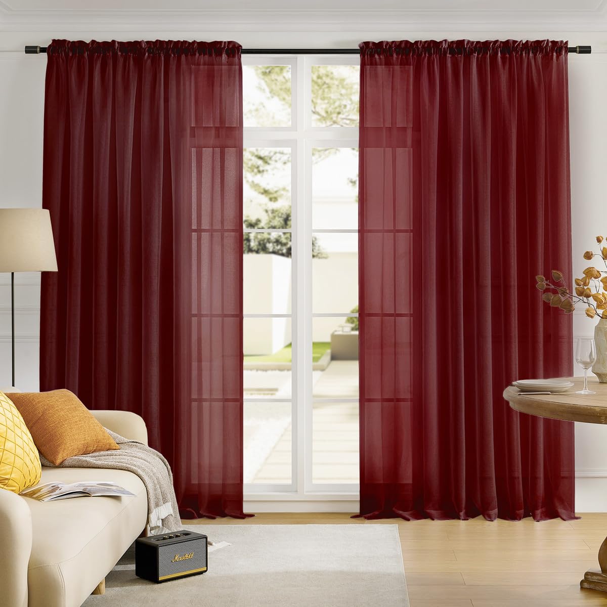 MYSTIC-HOME Sheer Curtains White 63 Inch Length, Rod Pocket Voile Drapes for Living Room, Bedroom, Window Treatments Semi Crinkle Curtain Panels for Yard, Patio, Villa, Parlor, Set of 2, 52"x 63"