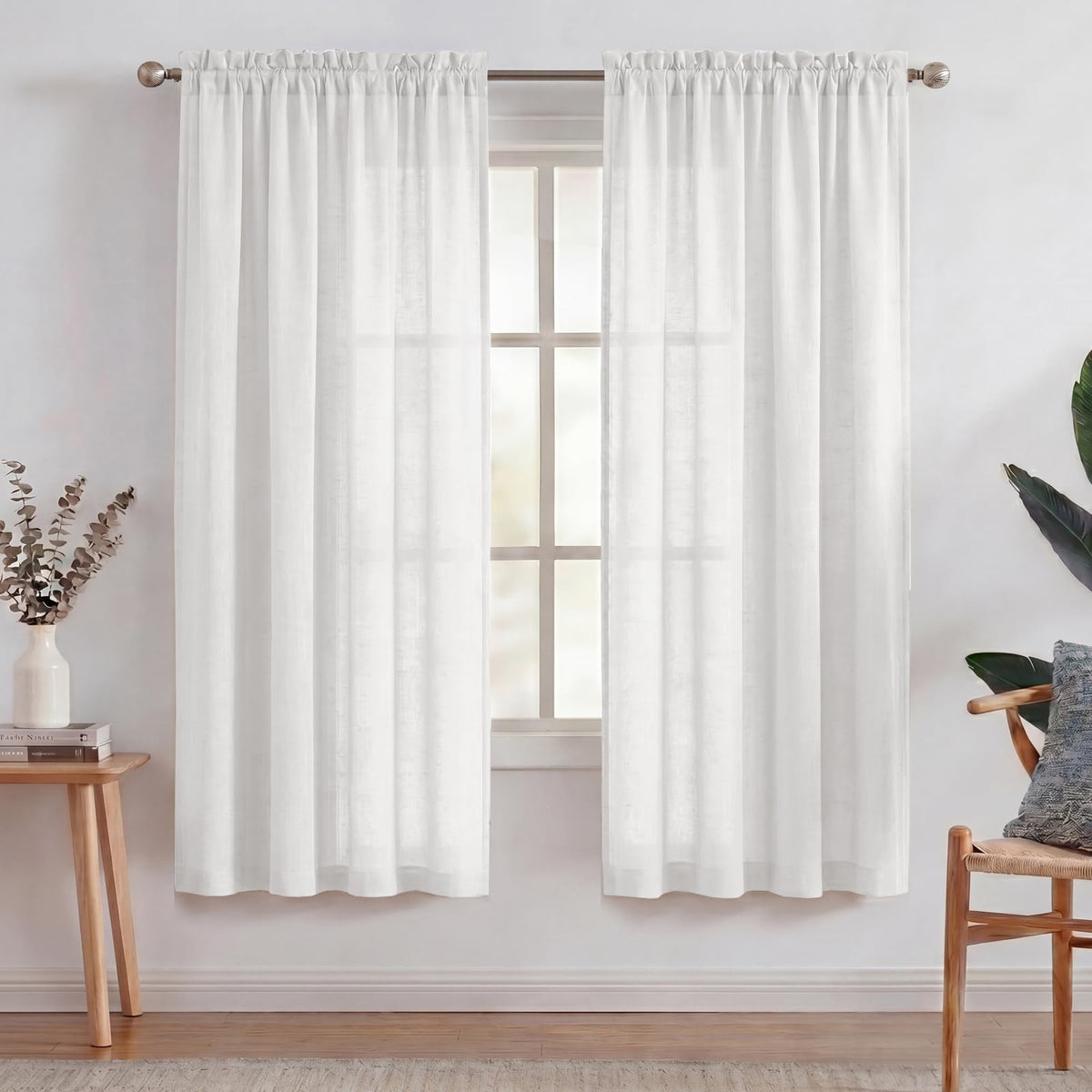 Turquoize White Linen Curtains 96 Inches Long Semi Sheer Curtains Light Filtering Linen Drapes for Living Room/Bedroom 2 Panels Set Rod Pocket Window Treatments Panels,W52 x L96, White