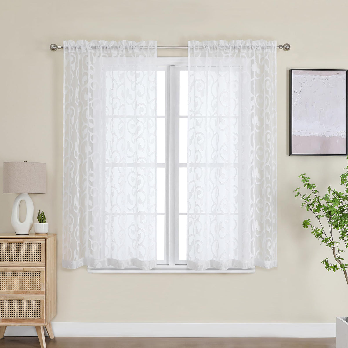 Furman Ivory Sheer Curtains 84 inches Long for Bedroom Living Room 2 Panels Set, Jacquard Clip Light Filtering Semi Sheer Curtain Rod Pocket Window Drapes, 2 Pcs Each 40 W 84 L