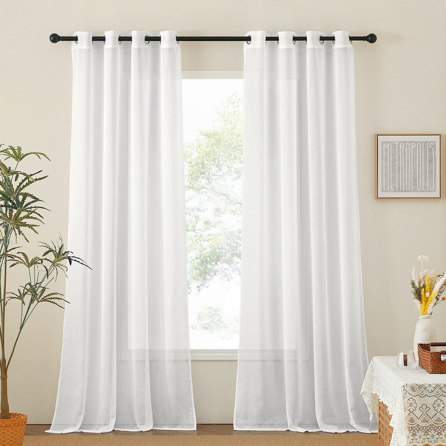 NICETOWN White Sheer Linen Curtains for Living Room 84 inch Length 2 Panels Set, Grommet Semi Sheer Privacy with Light Filtering Flax Window Treatments for Bedroom, W52 x L84