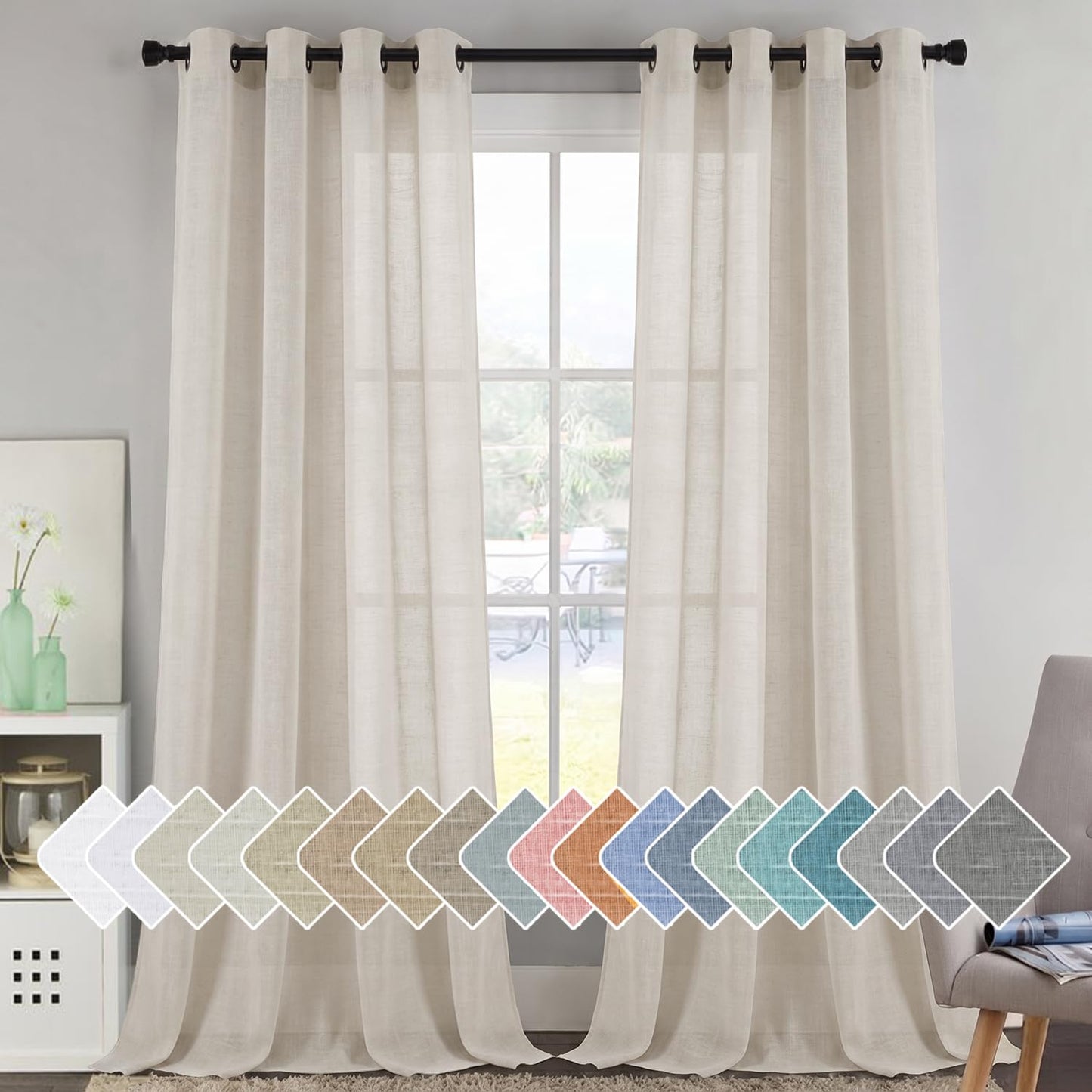 H.VERSAILTEX Natural Linen Sheer Curtains Flax Linen Blended Curtain Panels Living Room, Nickel Grommet Semitransparent Semi-Sheer Soft Privacy Drapes, Natural, 84 inches Long 2 Panels