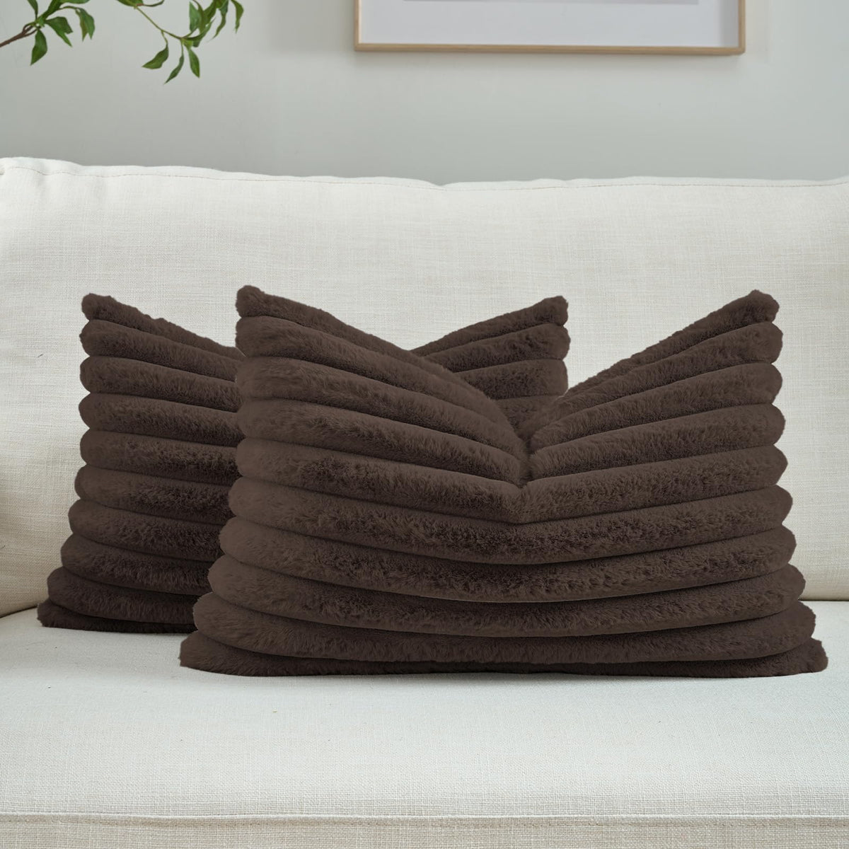FUTEI Pack of 2 Faux Fur Throw Pillow Covers 18x18 Inch, Cream White | Fluffy Faux Rabbit Fur Front/Premium Velvet Back,Hidden Zipper,Machine Washable,Non-Shedding,Colorfast,Insert Not Included.