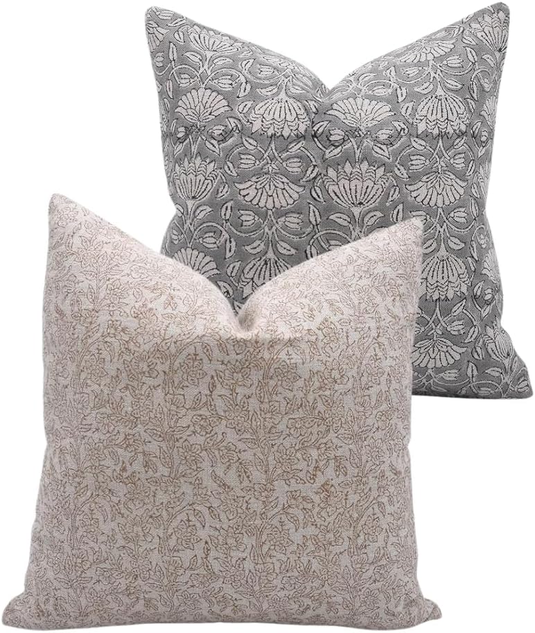 Set of 2 (16x16,22x22) Thick Linen Throw Block Print Pillowcase Cushion Covers with Invisible Zipper, Square Shape, Handmade Art, Home Décor for Sofa, Couch and Chair, Bedroom, All Season