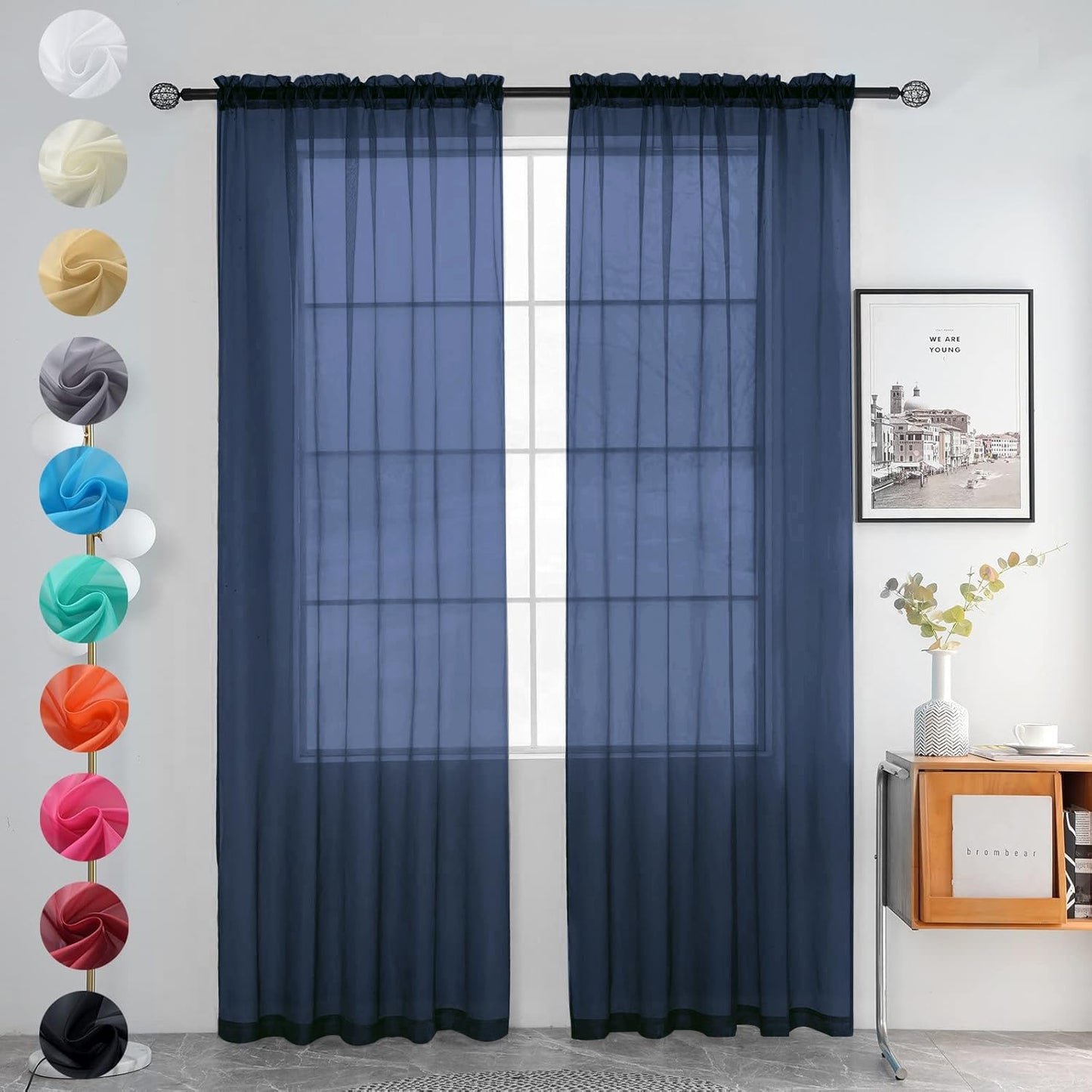 youleyar Solid Sheer Rod Pocket Curtain Voile Draperies 2 Panels White Beige Black Grey Coffee 52 Inch Width 84 Inch Long 1 Pair for Kitchen Bedroom Children Living Room Yard (Ivory,52W ｘ 84L)