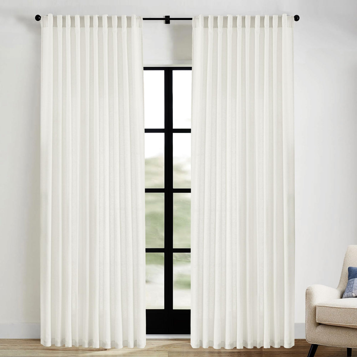 Linen Cotton Curtains for Living Room, Cream Off White Natural Fabric Light Filtering Semi Sheer Curtains 84 Inches Long, Ivory Pleated Farmhouse Curtain Drapes 84 Inch Length 2 Panels Set Dining Room