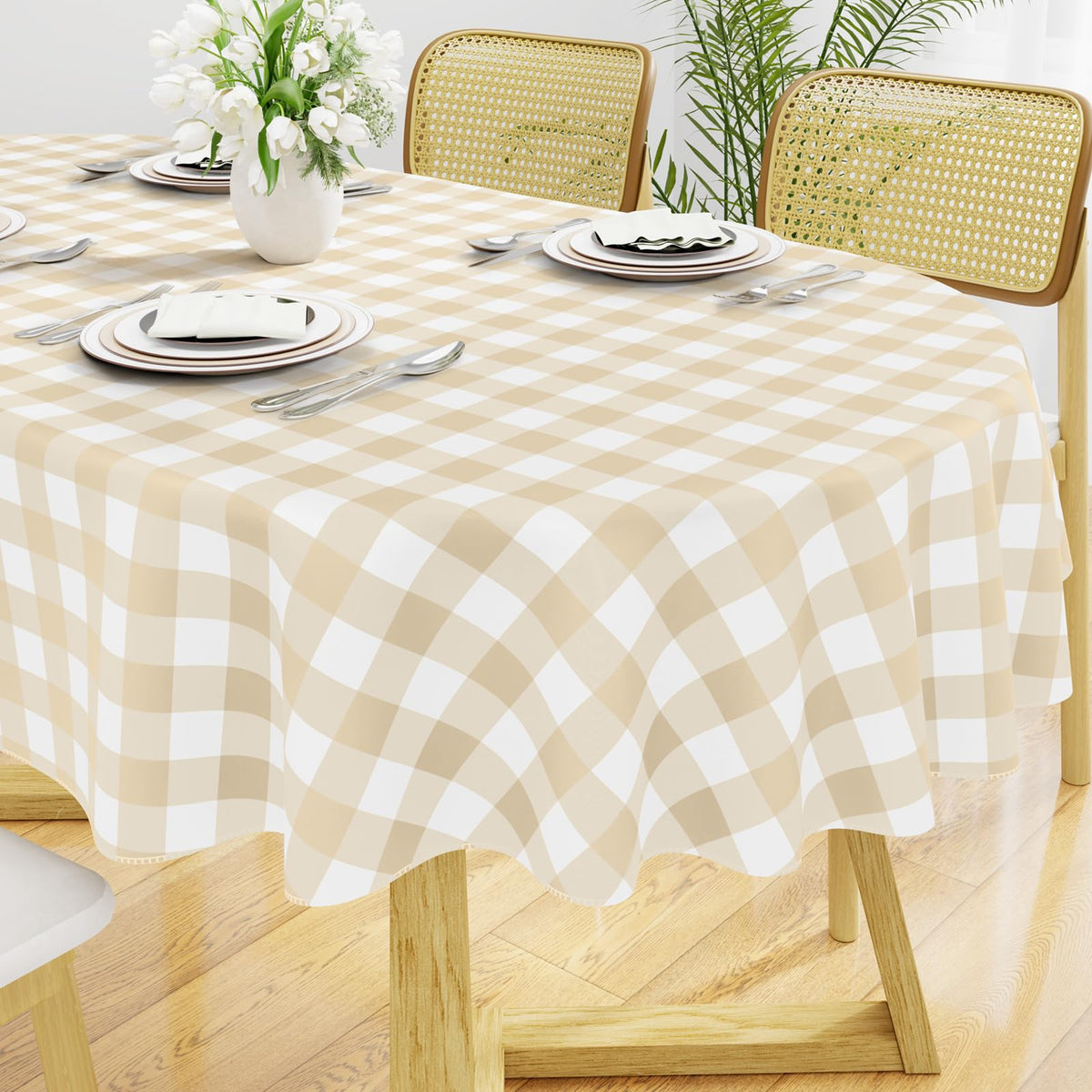 Smiry Picnic Table Cloth, Vinyl Tablecloths with Flannel Backing, 60"x84" | Waterproof Rectangle Table Cloth, Wipeable Buffalo Plaid Table Cover for Indoor and Outdoor (Khaki & White)