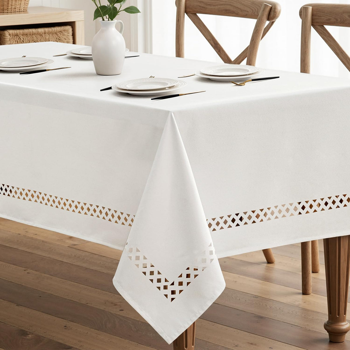 MIULEE Beige Rectangle Tablecloth with Decorative Cutouts 52x70 Inch | Waterproof Stain Resistant & Shrink-Proof Table Cloth, Farmhouse Style, for Dining Wedding Kitchen Party Outdoor