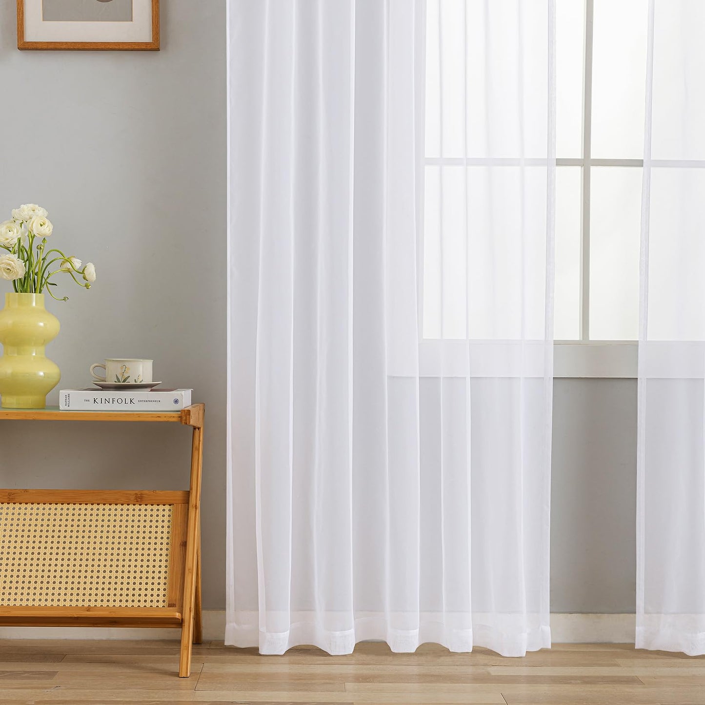 MYSTIC-HOME Sheer Curtains White 63 Inch Length, Rod Pocket Voile Drapes for Living Room, Bedroom, Window Treatments Semi Crinkle Curtain Panels for Yard, Patio, Villa, Parlor, Set of 2, 52"x 63"