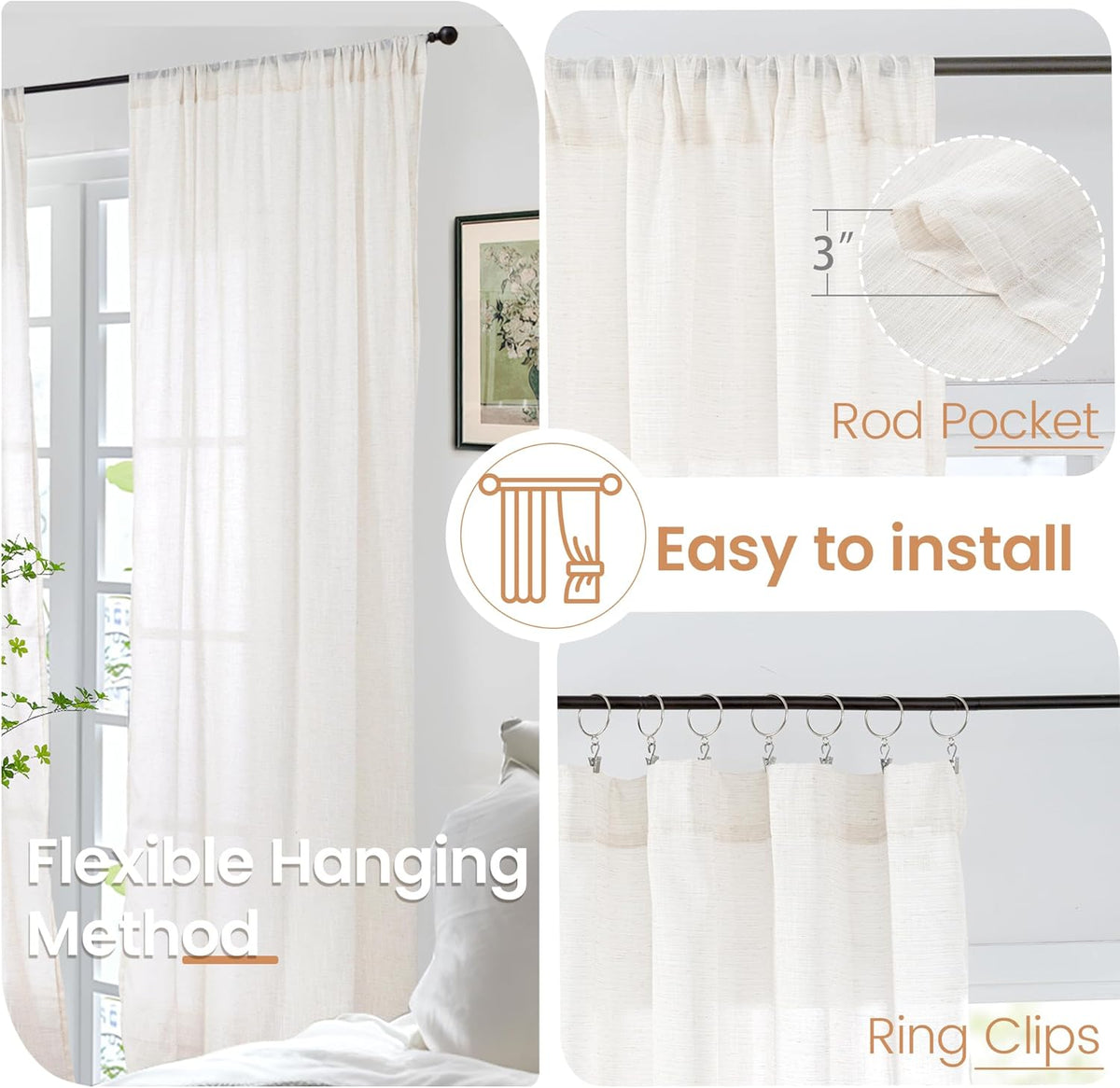 BGment Linen Sheer Curtains 84 Inches Long 2 Panels Set for Living Room | Light Filtering Drapes with Rod Pocket Lightweight Window Treatments for Bedroom, 52 X 84 Inch Length