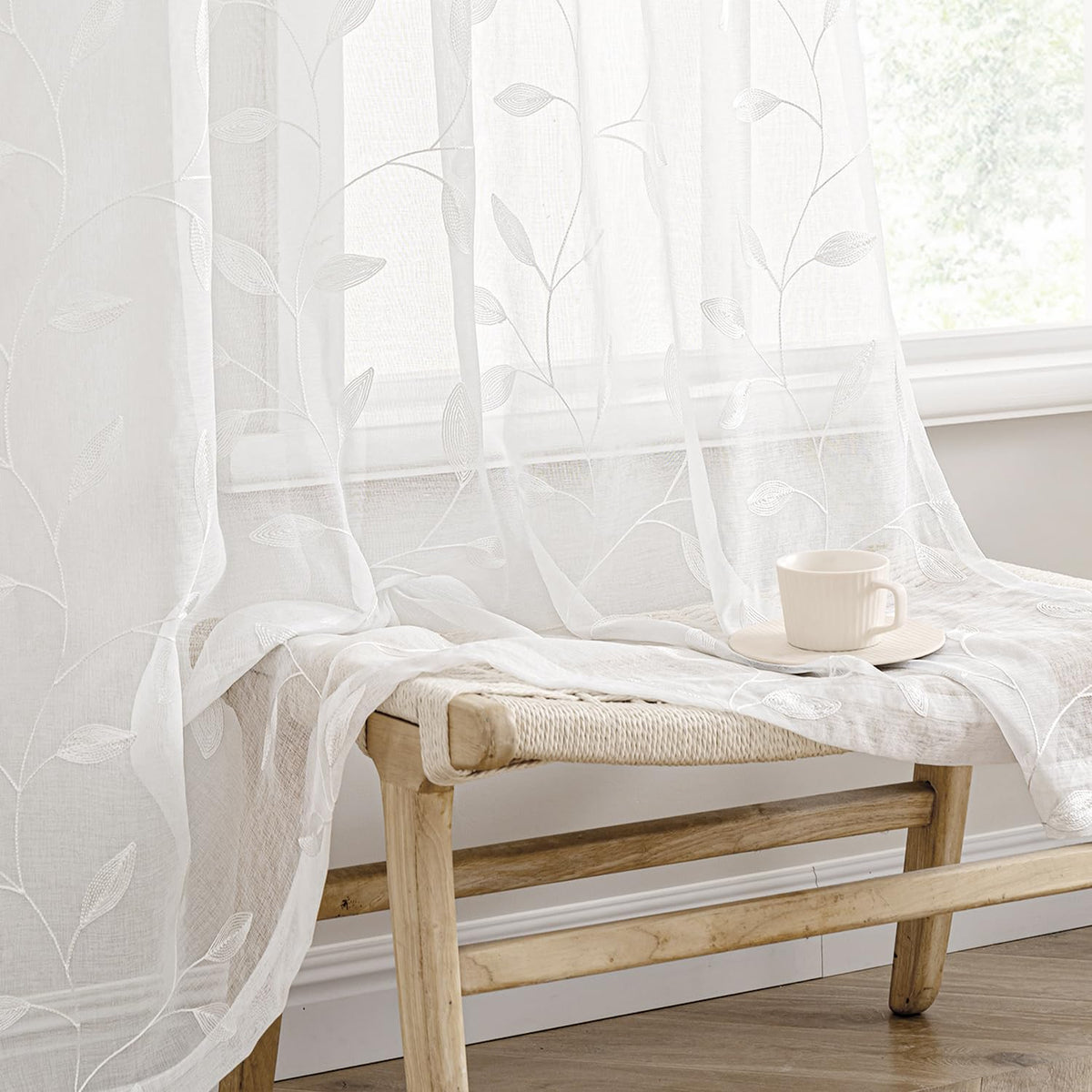 MIULEE Sage Green Sheer Curtains 2 Panels Leaf Patterned, W52 x L84 | Embroidered Floral Semi Sheer,Rod Pocket,Faux Linen,Short Window Curtains Drapes Set for Kitchen/Bathroom/Cafe
