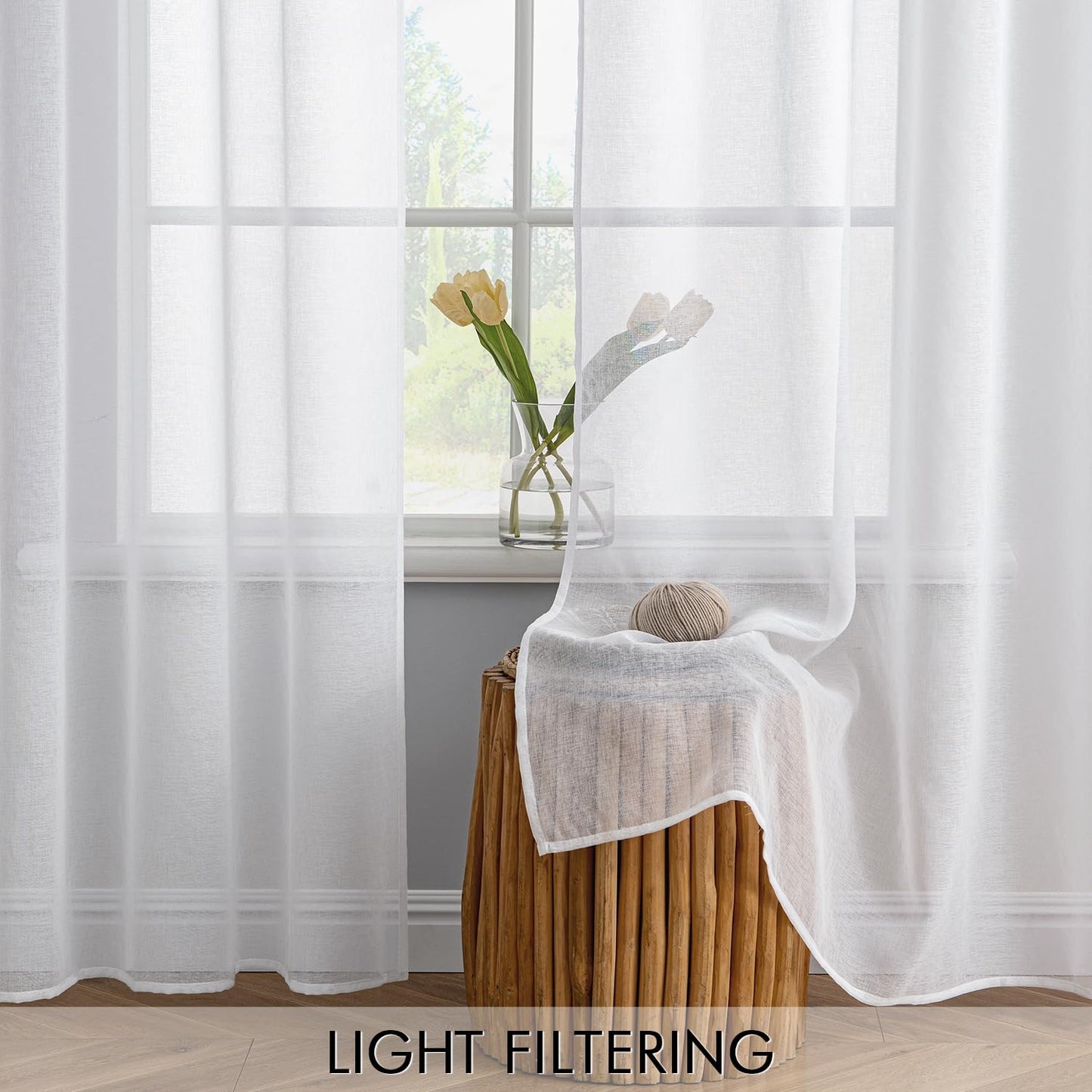 MIULEE Semi White Linen Textured Sheer Curtains 42W×84L Rod Pocket 2 Panels | Semi Transparent, Farmhouse, Window Net Panels with Rod Pocket for Bedroom Living Room