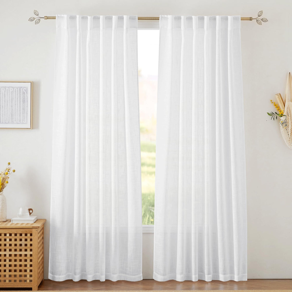RYB HOME White Sheer Curtains for Living Room Patio Glass Door, W52 x L95 | Linen Texture, Light Filtering Privacy, Airy Translucent, Back Tab, Bedroom Office Balcony, W52 x L95, 2 Panels