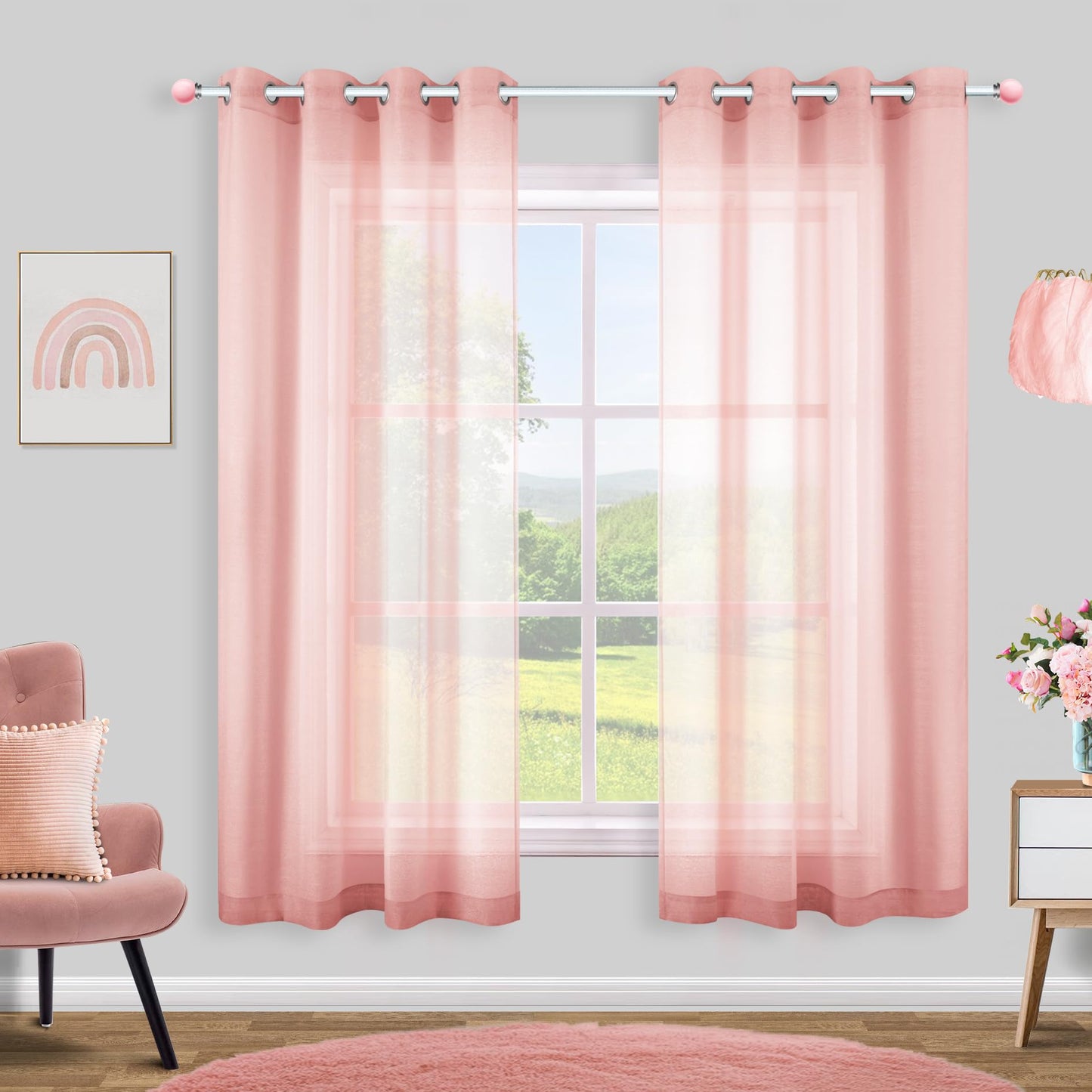 White Sheer Curtains 84 Inches Long Set 2 Panels Grommet Pair Faux Linen Semi Transparent Drape Tulle Gauze Voile Window Sheer Curtains for Bedroom Living Room Dining Wide 52 Length Solid Pack
