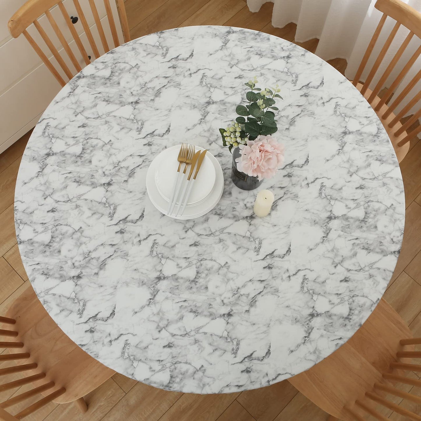 Pioggia Round Vinyl Fitted Tablecloth with Flannel Backing Elastic Table Cloth Waterproof Oil-Proof Plastic Table Cover Best for 45"-56" Round