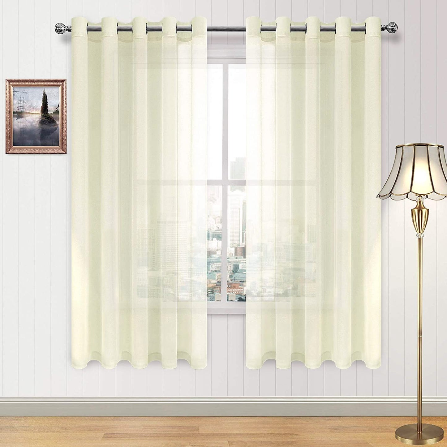 DWCN White Sheer Curtains Linen Look Semi Transparent Voile Grommet White Curtains for Living Dining Room Drapes 52 x 84 Inch Long, Set of 2 Panels