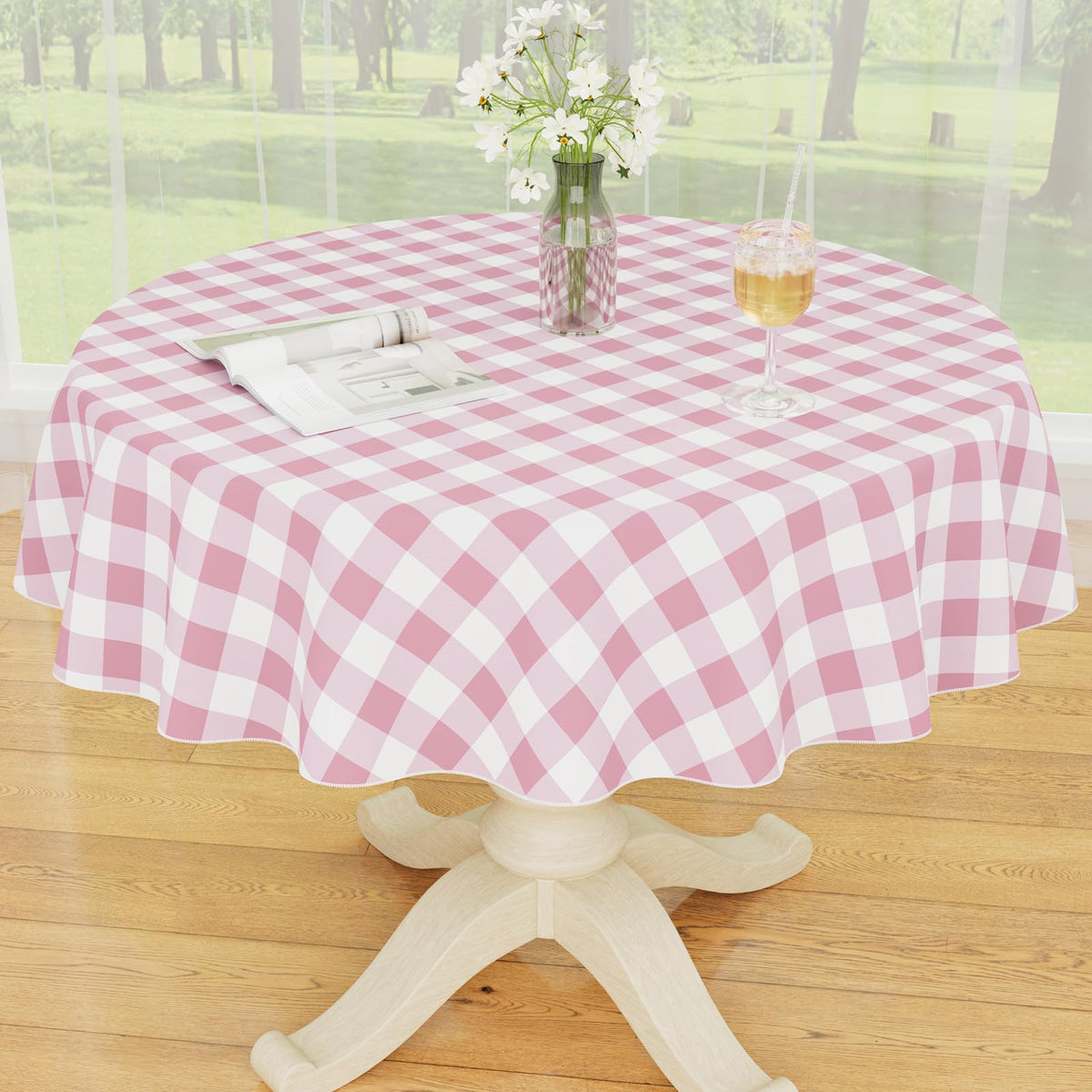 Smiry Picnic Table Cloth, Vinyl Tablecloths with Flannel Backing, 60"x84" | Waterproof Rectangle Table Cloth, Wipeable Buffalo Plaid Table Cover for Indoor and Outdoor (Khaki & White)